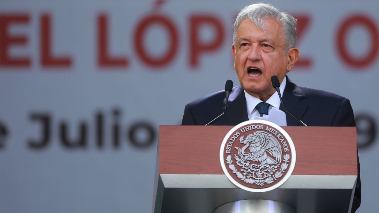 MEXICO CITY, MEXICO - JULY 01: Andres Manuel Lopez Obrador speaks during a ceremony to celebrate his administration's first anniversary at Zocalo on July 01, 2019 in Mexico City, Mexico. (Photo by Manuel Velasquez/Getty Images)